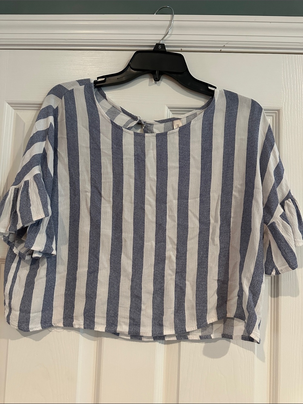 Peppermint Blue and White Vertical Stripe Ruffle Sleeve Crop Top